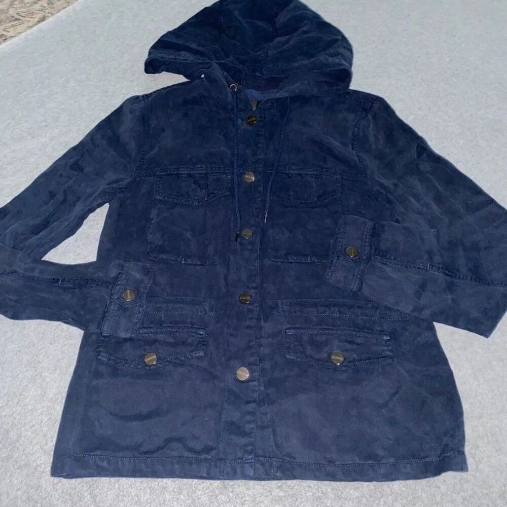 Sanctuary Linen Blend Utility Jacket Women’s S Navy snap closure cinch waist